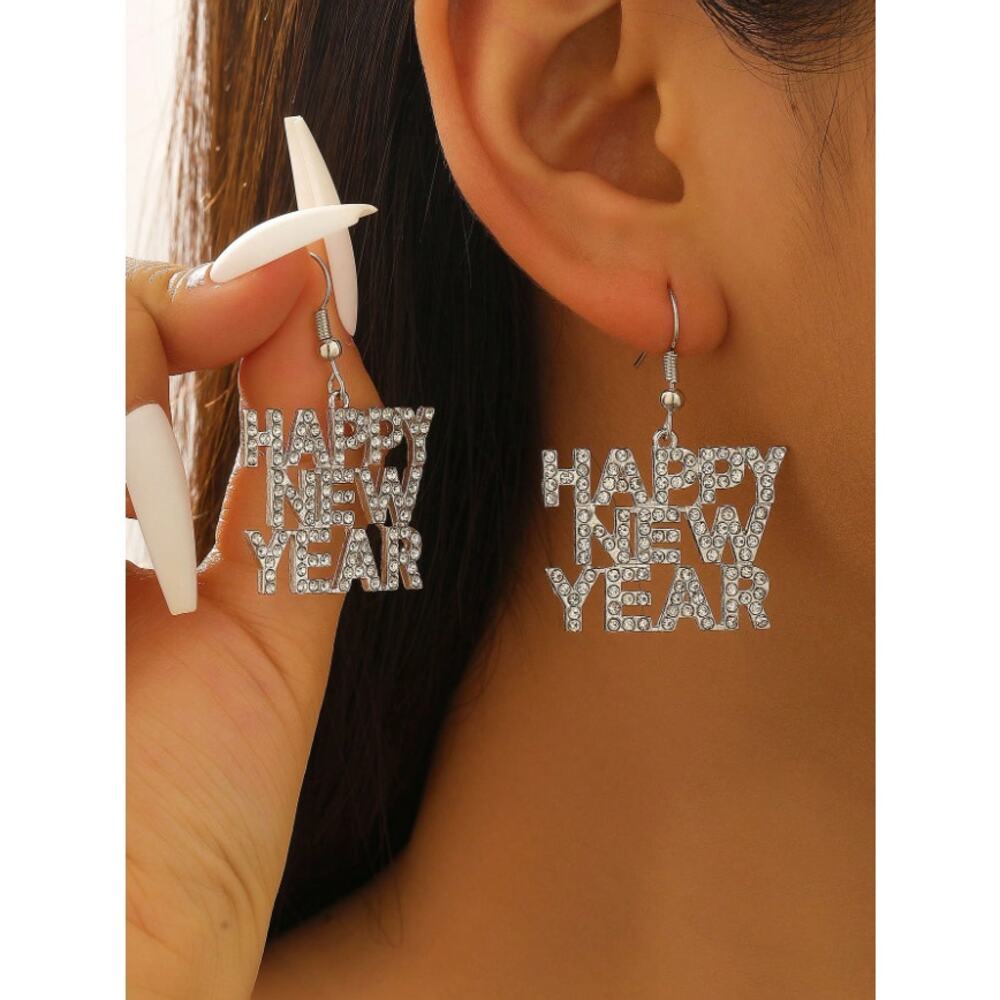 Happy New Year Rhinestone Dangle Earrings Silver Party Statement 4.5cm